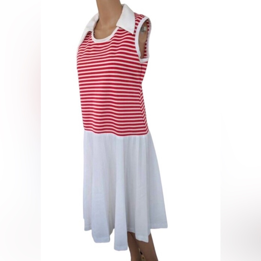 60s Mod Striped Dress Nautical Red White Pleated Sporty Queens Way 8